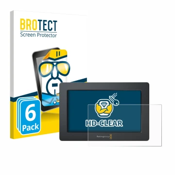 Parte frontal de un envase de producto con el logotipo de la marca BROTECT. Al lado se muestra el dispositivo Blackmagic Desig