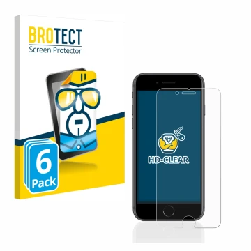 Parte frontal de un envase de producto con el logotipo de la marca BROTECT. Al lado se muestra el dispositivo Apple iPhone 8 c