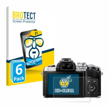 Parte frontal de un envase de producto con el logotipo de la marca BROTECT. Al lado se muestra el dispositivo Olympus OM-D E-M