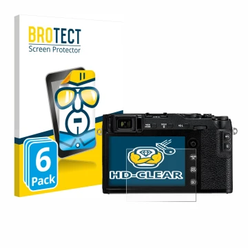 Parte frontal de un envase de producto con el logotipo de la marca BROTECT. Al lado se muestra el dispositivo Fujifilm X-E3 co