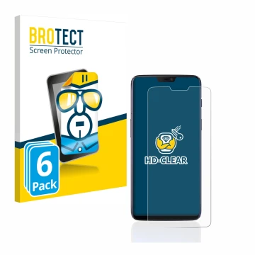 Parte frontal de un envase de producto con el logotipo de la marca BROTECT. Al lado se muestra el dispositivo OnePlus 6 con su