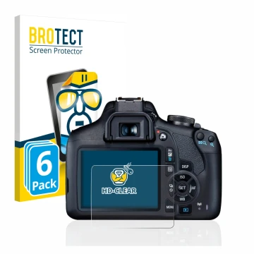 Parte frontal de un envase de producto con el logotipo de la marca BROTECT. Al lado se muestra el dispositivo Canon EOS 2000D 