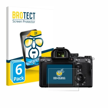 Parte frontal de un envase de producto con el logotipo de la marca BROTECT. Al lado se muestra el dispositivo Sony Alpha 7 III
