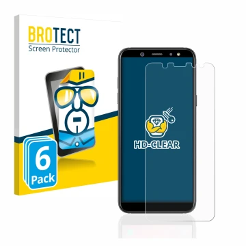 Parte frontal de un envase de producto con el logotipo de la marca BROTECT. Al lado se muestra el dispositivo Samsung Galaxy A