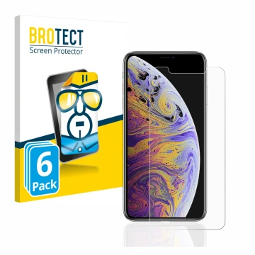 Parte frontal de un envase de producto con el logotipo de la marca BROTECT. Al lado se muestra el dispositivo Apple iPhone Xs 