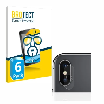 Parte frontal de un envase de producto con el logotipo de la marca BROTECT. Al lado se muestra el dispositivo Apple iPhone Xs 