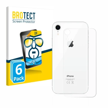 Parte frontal de un envase de producto con el logotipo de la marca BROTECT. Al lado se muestra el dispositivo Apple iPhone XR 