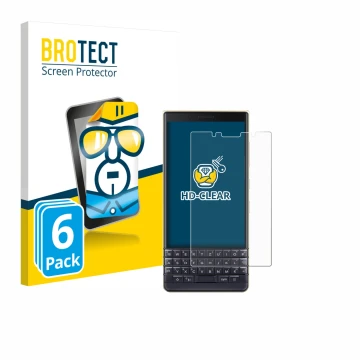 Parte frontal de un envase de producto con el logotipo de la marca BROTECT. Al lado se muestra el dispositivo BlackBerry Key2 
