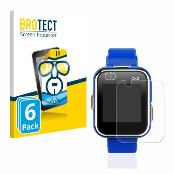Parte frontal de un envase de producto con el logotipo de la marca BROTECT. Al lado se muestra el dispositivo Vtech Kidizoom S