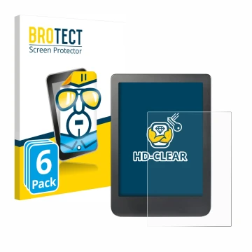Parte frontal de un envase de producto con el logotipo de la marca BROTECT. Al lado se muestra el dispositivo Kobo Clara HD (6