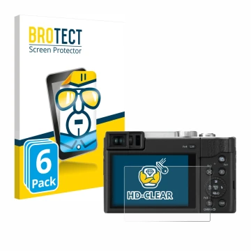 Parte frontal de un envase de producto con el logotipo de la marca BROTECT. Al lado se muestra el dispositivo Panasonic Lumix 