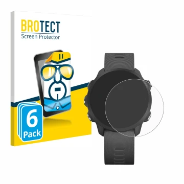 Parte frontal de un envase de producto con el logotipo de la marca BROTECT. Al lado se muestra el dispositivo Garmin Forerunne