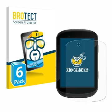 Parte frontal de un envase de producto con el logotipo de la marca BROTECT. Al lado se muestra el dispositivo Garmin Edge 830 