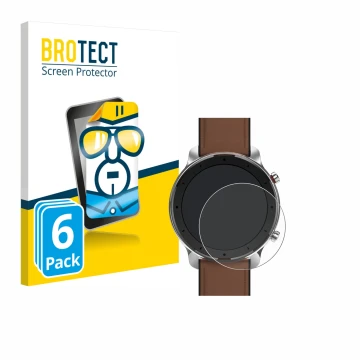 Parte frontal de un envase de producto con el logotipo de la marca BROTECT. Al lado se muestra el dispositivo Huami Amazfit GT