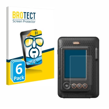 Parte frontal de un envase de producto con el logotipo de la marca BROTECT. Al lado se muestra el dispositivo Fujifilm Instax 
