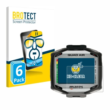 Parte frontal de un envase de producto con el logotipo de la marca BROTECT. Al lado se muestra el dispositivo Mares Quad Air c