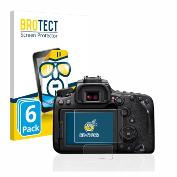 Parte frontal de un envase de producto con el logotipo de la marca BROTECT. Al lado se muestra el dispositivo Canon EOS 90D co