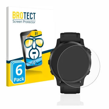 Parte frontal de un envase de producto con el logotipo de la marca BROTECT. Al lado se muestra el dispositivo Garmin Fenix 6S 