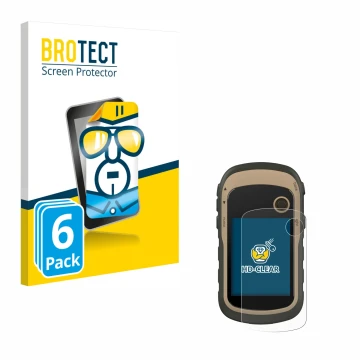 Parte frontal de un envase de producto con el logotipo de la marca BROTECT. Al lado se muestra el dispositivo Garmin eTrex 32x