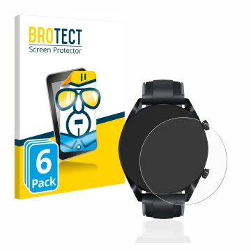 Parte frontal de un envase de producto con el logotipo de la marca BROTECT. Al lado se muestra el dispositivo Huawei Watch GT 