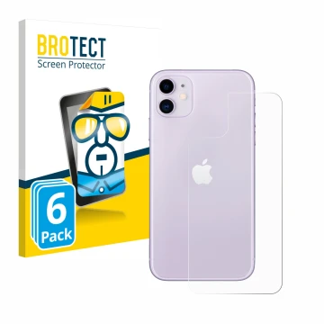 Parte frontal de un envase de producto con el logotipo de la marca BROTECT. Al lado se muestra el dispositivo Apple iPhone 11 