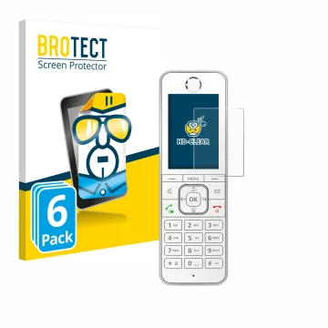 Parte frontal de un envase de producto con el logotipo de la marca BROTECT. Al lado se muestra el dispositivo AVM Fritz!Fon C6
