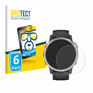 Parte frontal de un envase de producto con el logotipo de la marca BROTECT. Al lado se muestra el dispositivo Garmin Fenix 6S 