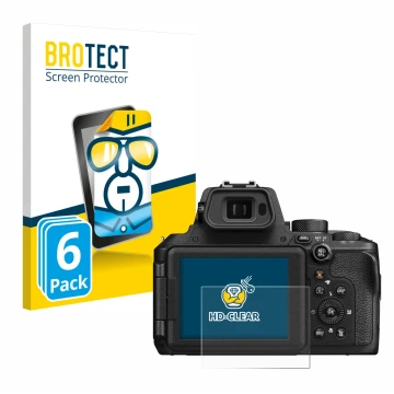 Parte frontal de un envase de producto con el logotipo de la marca BROTECT. Al lado se muestra el dispositivo Nikon Coolpix P9