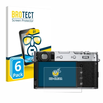 Parte frontal de un envase de producto con el logotipo de la marca BROTECT. Al lado se muestra el dispositivo Fujifilm X100V c