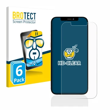 Parte frontal de un envase de producto con el logotipo de la marca BROTECT. Al lado se muestra el dispositivo Apple iPhone 12 