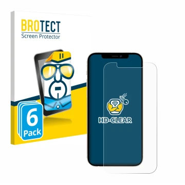 Parte frontal de un envase de producto con el logotipo de la marca BROTECT. Al lado se muestra el dispositivo Apple iPhone 12 