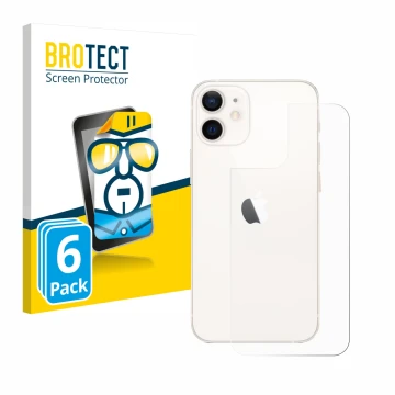 Parte frontal de un envase de producto con el logotipo de la marca BROTECT. Al lado se muestra el dispositivo Apple iPhone 12 