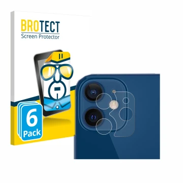 Parte frontal de un envase de producto con el logotipo de la marca BROTECT. Al lado se muestra el dispositivo Apple iPhone 12 