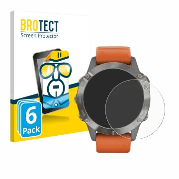 Parte frontal de un envase de producto con el logotipo de la marca BROTECT. Al lado se muestra el dispositivo Garmin Fenix 6 P