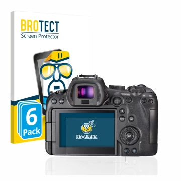 Parte frontal de un envase de producto con el logotipo de la marca BROTECT. Al lado se muestra el dispositivo Canon EOS R6 con