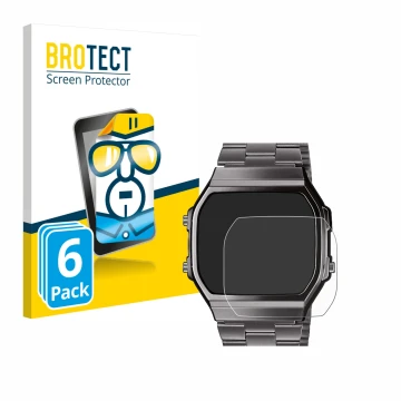 Parte frontal de un envase de producto con el logotipo de la marca BROTECT. Al lado se muestra el dispositivo Casio A168WEGG-1