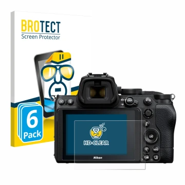 Parte frontal de un envase de producto con el logotipo de la marca BROTECT. Al lado se muestra el dispositivo Nikon Z 5 con su