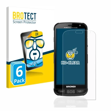 Parte frontal de un envase de producto con el logotipo de la marca BROTECT. Al lado se muestra el dispositivo Brondi Amico con
