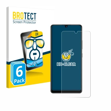 Parte frontal de un envase de producto con el logotipo de la marca BROTECT. Al lado se muestra el dispositivo Samsung Galaxy A