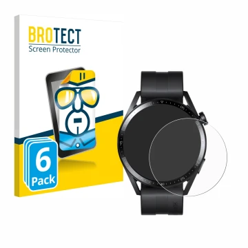 Parte frontal de un envase de producto con el logotipo de la marca BROTECT. Al lado se muestra el dispositivo Huawei Watch GT 
