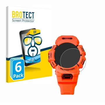 Parte frontal de un envase de producto con el logotipo de la marca BROTECT. Al lado se muestra el dispositivo Casio G-Shock GB