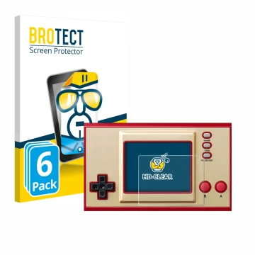 Parte frontal de un envase de producto con el logotipo de la marca BROTECT. Al lado se muestra el dispositivo Nintendo Game & 
