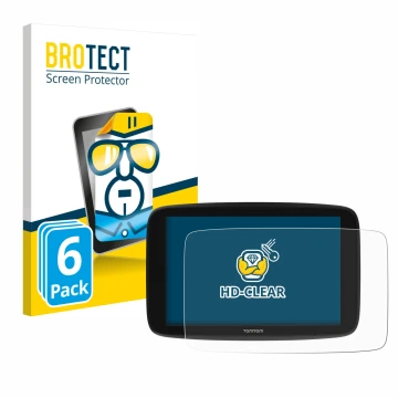 Parte frontal de un envase de producto con el logotipo de la marca BROTECT. Al lado se muestra el dispositivo TomTom Go Expert