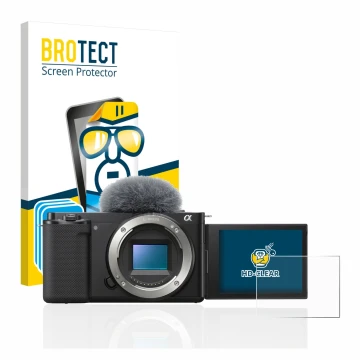 Parte frontal de un envase de producto con el logotipo de la marca BROTECT. Al lado se muestra el dispositivo Sony Alpha ZV-E1