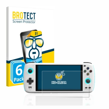 Parte frontal de un envase de producto con el logotipo de la marca BROTECT. Al lado se muestra el dispositivo AYN Odin con su 