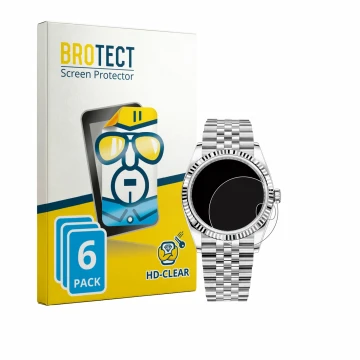Parte frontal de un envase de producto con el logotipo de la marca BROTECT. Al lado se muestra el dispositivo Rolex Datejust 3