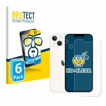 Parte frontal de un envase de producto con el logotipo de la marca BROTECT. Al lado se muestra el dispositivo Apple iPhone 13 