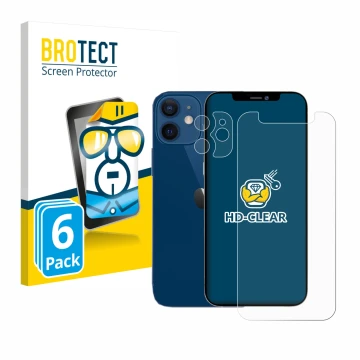 Parte frontal de un envase de producto con el logotipo de la marca BROTECT. Al lado se muestra el dispositivo Apple iPhone 12 