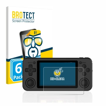 Parte frontal de un envase de producto con el logotipo de la marca BROTECT. Al lado se muestra el dispositivo Anbernic RG351P 