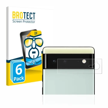 Parte frontal de un envase de producto con el logotipo de la marca BROTECT. Al lado se muestra el dispositivo Google Pixel 6 (
